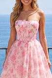 Floral Pink Strapless Corset A Line Homecoming Dress
