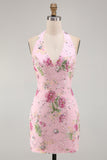 Halter Floral Pink Sequin Bodycon Mini Homecoming Dress