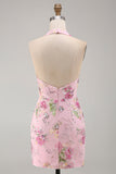 Halter Floral Pink Sequin Bodycon Mini Homecoming Dress