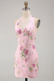 Halter Floral Pink Sequin Bodycon Mini Homecoming Dress