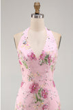 Halter Floral Pink Sequin Bodycon Mini Homecoming Dress