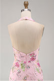 Halter Floral Pink Sequin Bodycon Mini Homecoming Dress
