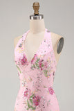 Halter Floral Pink Sequin Bodycon Mini Homecoming Dress