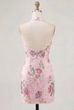 Halter Floral Pink Sequin Bodycon Mini Homecoming Dress