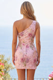 One Shoulder Sequin Floral Pink Bodycon Mini Homecoming Dress