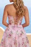 Strapless Sequin Floral Pink Corset A Line Homecoming Dress