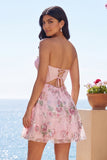 Strapless Corset Sequin Floral Pink Appliqued Homecoming Dress