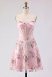 Strapless Corset Sequin Floral Pink Appliqued Homecoming Dress