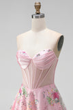 Strapless Corset Sequin Floral Pink Appliqued Homecoming Dress