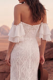 Ivory Off the Shoulder Mermaid Lace Ruffled Boho Wedding Dress