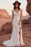 Ivory Mermaid Lace Maxi Boho Wedding Dress with Ruffles