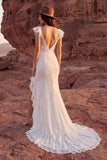 Ivory Mermaid Lace Maxi Boho Wedding Dress with Ruffles
