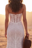 Ivory Strapless Mermaid Lace Corset Boho Wedding Dress with Slit
