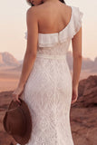 One Shoulder Ruffled Ivory Mermaid Lace Boho Wedding Dress