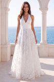 Halter Floral A Line Backless Ivory Maxi Wedding Dress