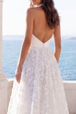 Halter Floral A Line Backless Ivory Maxi Wedding Dress