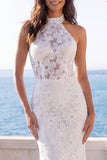 Halter Floral Mermaid Corset Backless Ivory Wedding Dress