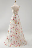 Floral A Line Ivory Embroidered V Neck Wedding Dress