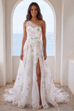 One Shoulder Ruched A Line Ivory Printed Maxi Wedding Dress