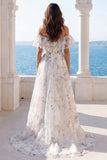 Off the Shoulder Ruffled A Line Printed Ivory Maxi Wedding Dress