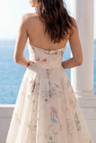 Strapless Printed Ruched A Line Ivory Maxi Wedding Dress