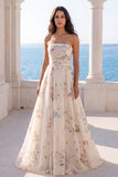 Strapless Printed Ruched A Line Ivory Maxi Wedding Dress