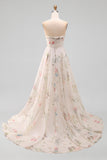 Strapless Printed Ruched A Line Ivory Maxi Wedding Dress