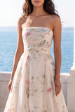 Strapless Printed Ruched A Line Ivory Maxi Wedding Dress