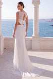 Ivory Mermaid Cut Out Boat Neck Lace Wedding Dress with Slit