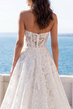 Ivory Strapless A Line Floral Wedding Dress