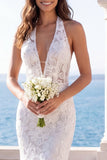 Floral Halter Mermaid Ivory Maxi Wedding Dress