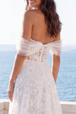 Off the Shoulder Corset Floral A Line Ivory Maxi Wedding Dress
