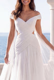 Off the Shoulder Ruched Cut Out Ivory Maxi Wedding Dress