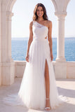 One Shoulder Ruched Pleated Cut Out Ivory Wedding Dress
