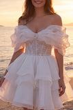 Off the Shoulder Sequin Corset Tiered Mini White Dress