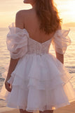 Off the Shoulder Sequin Corset Tiered Mini White Dress