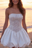 Strapless Sequin Corset A Line Mini White Dress