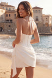 Halter Corset Ruched Mini White Dress with Streamer