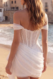 Off the Shoulder Corset Lace Ruched Mini White Dress
