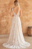 Ivory A Line Lace Corset V Neck Wedding Dress