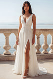 Ivory A Line Pleated Ruched V Neck Wedding Dress with Slit