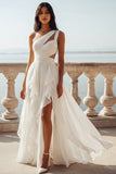One Shoulder Ruffled Cut Out Ruched A Line Ivory Wedding Dress