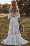 Off the Shoulder Lace 2 Piece A Line Ivory Boho Wedding Dress with Ruffles