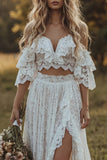 Off the Shoulder Lace 2 Piece A Line Ivory Boho Wedding Dress with Ruffles