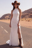Halter Lace Mermaid Ivory Boho Wedding Dress with Slit