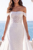 Sparkly Off the Shoulder Corset Mermaid Ivory Wedding Dress
