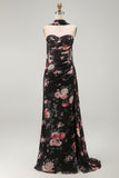 Sweetheart Black Mermaid Floral Wedding Guest Dress with Scarf