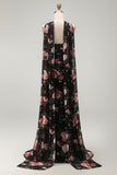 Sweetheart Black Mermaid Floral Wedding Guest Dress with Scarf