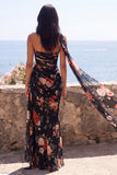 Sweetheart Black Mermaid Floral Wedding Guest Dress with Scarf