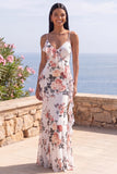 Floral Mermaid Ivory Ruffled Spaghetti Straps Wedding Guest Dress